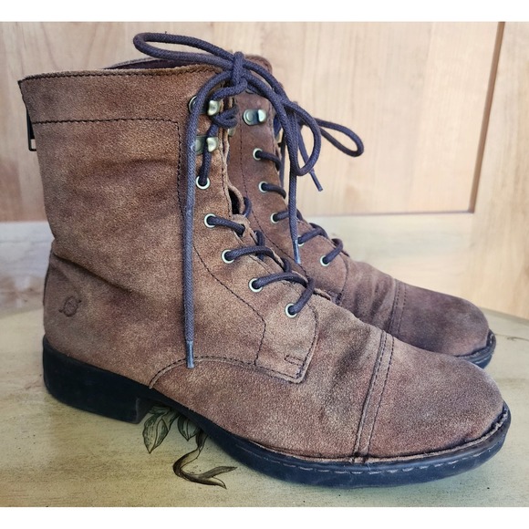 Born Shoes - Born Sz 9M Brown Leather Suede Lace Up Back Zip Combat Ankle Boots Biker Moto